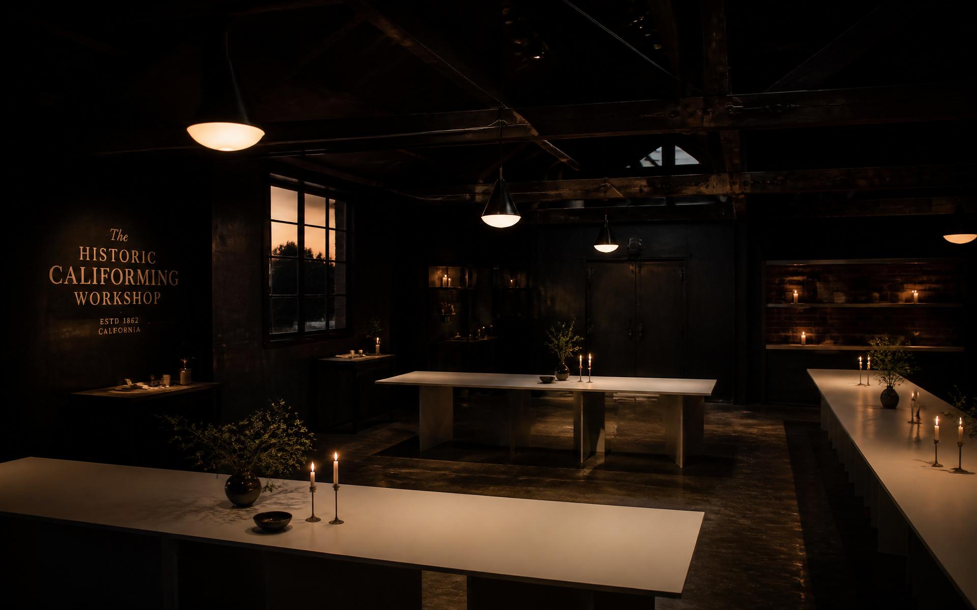 Interior of the Ticket 500 workshop at dusk