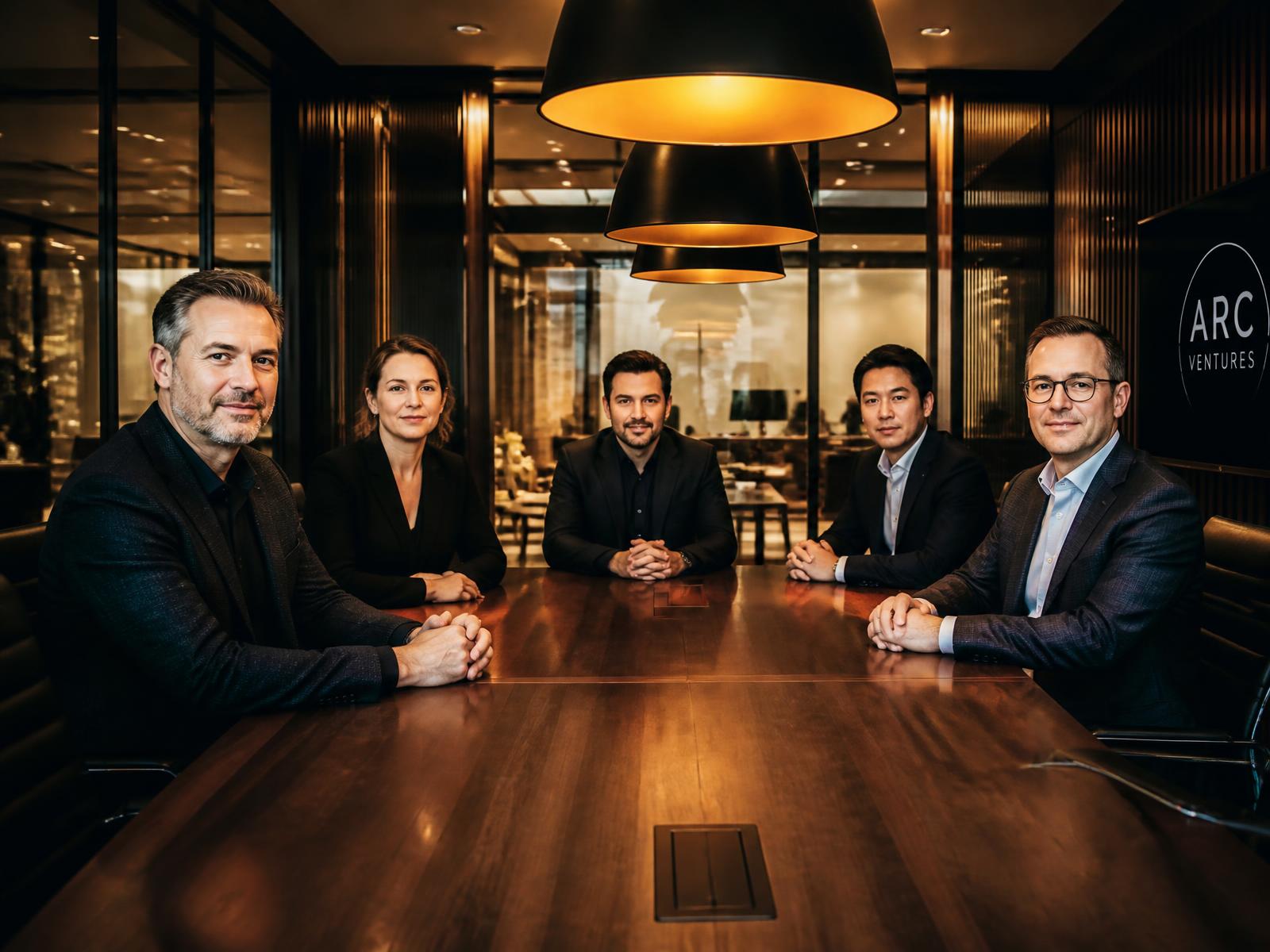 Founders seated around the long walnut table under tungsten light