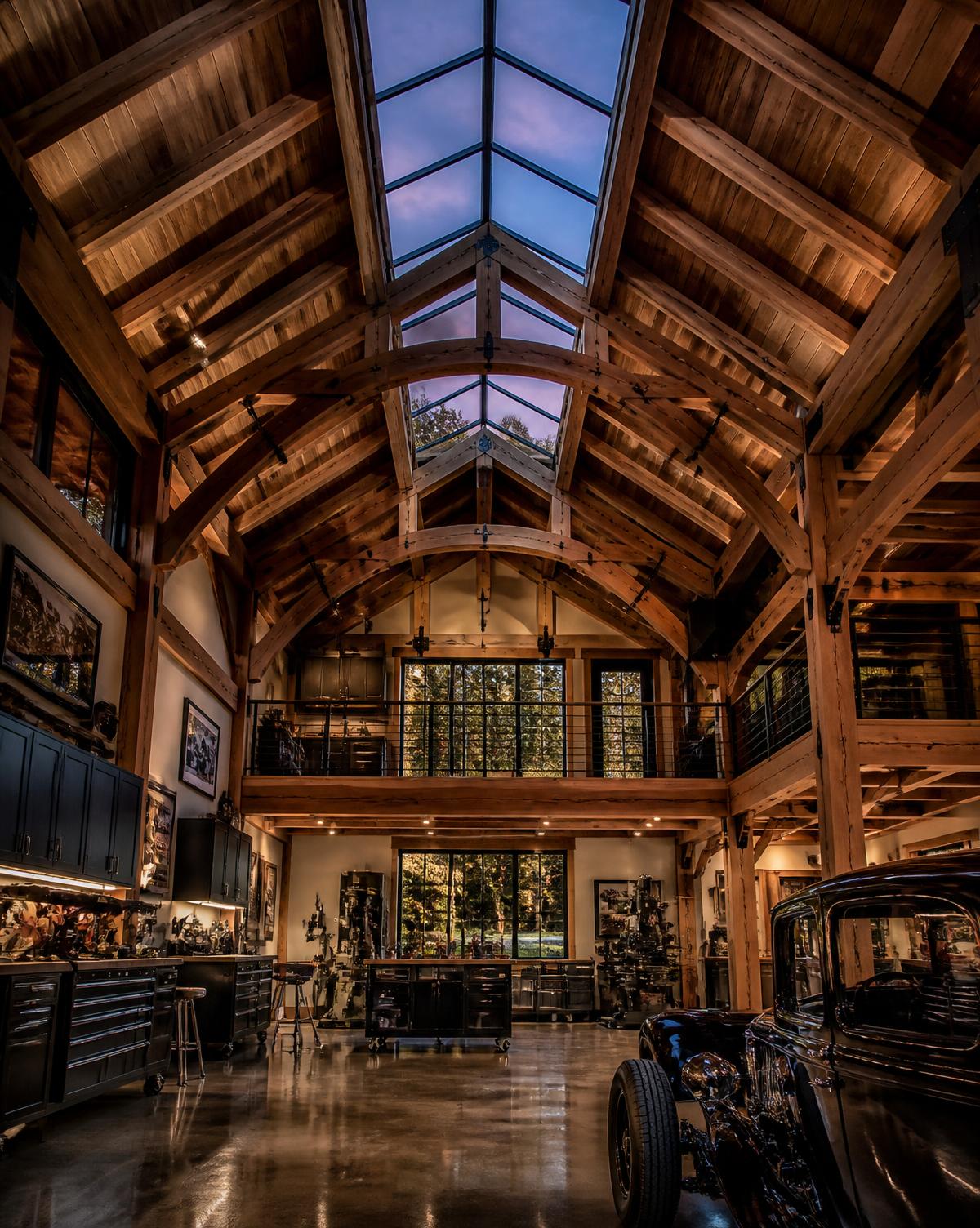 Vaulted wooden ceiling and skylight above the workshop floor